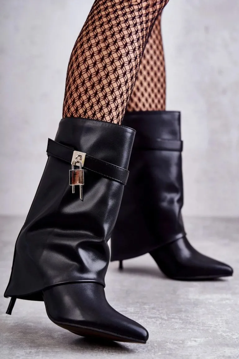 Skórzane Wsuwane Kozaki Na Szpilce Czarne Steffi