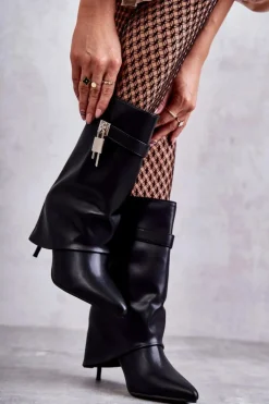 Skórzane Wsuwane Kozaki Na Szpilce Czarne Steffi