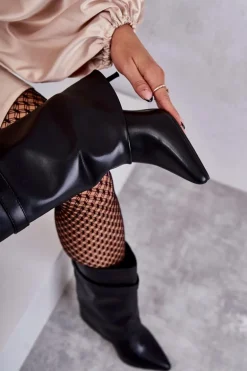 Skórzane Wsuwane Kozaki Na Szpilce Czarne Steffi