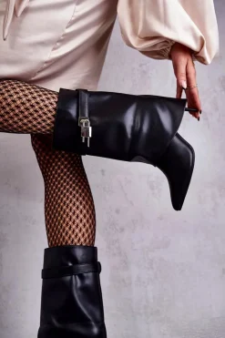 Skórzane Wsuwane Kozaki Na Szpilce Czarne Steffi