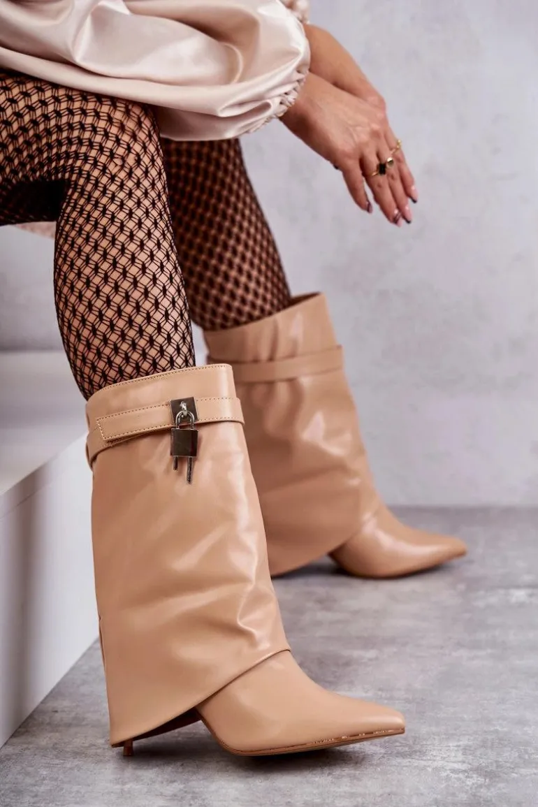 Skórzane Wsuwane Kozaki Na Szpilce Beżowe Steffi