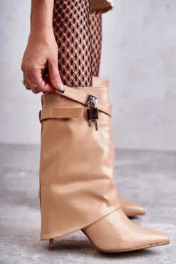 Skórzane Wsuwane Kozaki Na Szpilce Beżowe Steffi