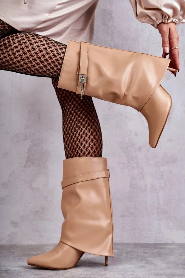 Skórzane Wsuwane Kozaki Na Szpilce Beżowe Steffi