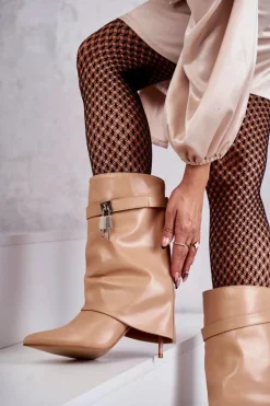 Skórzane Wsuwane Kozaki Na Szpilce Beżowe Steffi