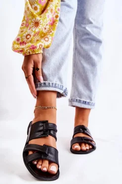 Skórzane Wygodne Klapki Damskie Maciejka 05549-01 Czarne