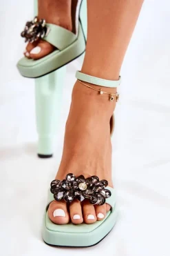 Skórzane Wygodne Sandały Z Kryształami Zielone Absence