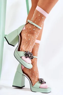 Skórzane Wygodne Sandały Z Kryształami Zielone Absence