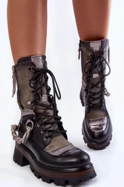 Skórzane Wysokie Botki Workery Maciejka 05586-01 Czarno-Szare