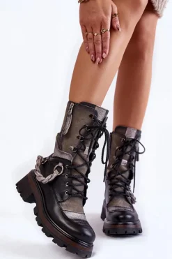 Skórzane Wysokie Botki Workery Maciejka 05586-01 Czarno-Szare