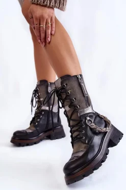 Skórzane Wysokie Botki Workery Maciejka 05586-01 Czarno-Szare