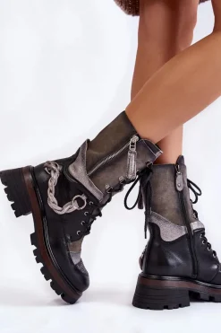 Skórzane Wysokie Botki Workery Maciejka 05586-01 Czarno-Szare