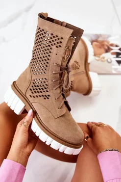 Skórzane Wysokie Botki Workery Nicole Jasnobrązowe 2706