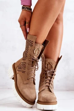 Skórzane Wysokie Botki Workery Nicole Jasnobrązowe 2706