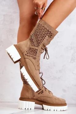 Skórzane Wysokie Botki Workery Nicole Jasnobrązowe 2706