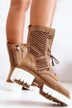 Skórzane Wysokie Botki Workery Nicole Jasnobrązowe 2706