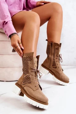 Skórzane Wysokie Botki Workery Nicole Jasnobrązowe 2706