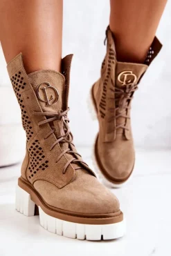 Skórzane Wysokie Botki Workery Nicole Jasnobrązowe 2706