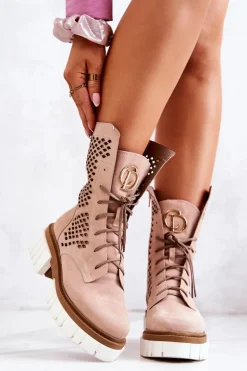 Skórzane Wysokie Botki Workery Nicole Różowe 2706