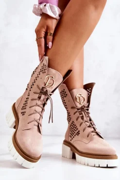 Skórzane Wysokie Botki Workery Nicole Różowe 2706