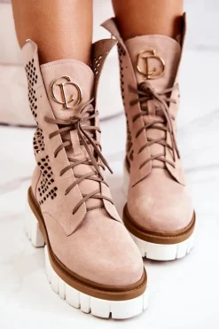 Skórzane Wysokie Botki Workery Nicole Różowe 2706