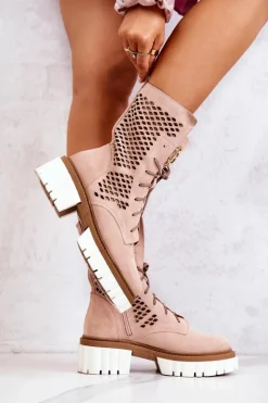 Skórzane Wysokie Botki Workery Nicole Różowe 2706