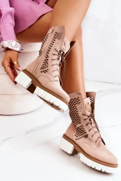 Skórzane Wysokie Botki Workery Nicole Różowe 2706