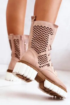 Skórzane Wysokie Botki Workery Nicole Różowe 2706