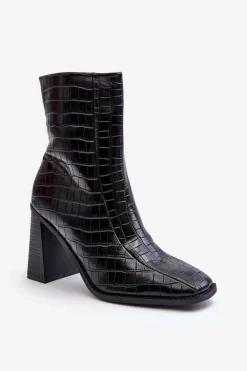Skórzane Wysokie Botki Wężowy Wzór Czarne Kornell