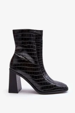 Skórzane Wysokie Botki Wężowy Wzór Czarne Kornell