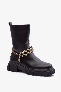 Skórzane Wysokie Botki Z Łańcuchem Czarne Pugen