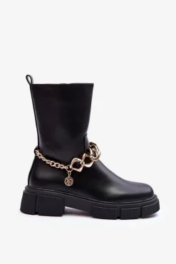 Skórzane Wysokie Botki Z Łańcuchem Czarne Pugen