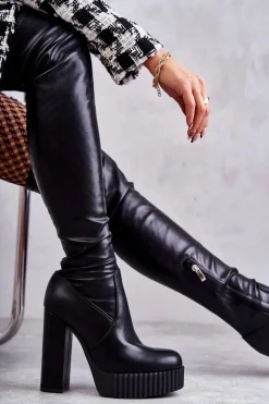 Skórzane Wysokie Kozaki Na Platformie Czarne Katrina