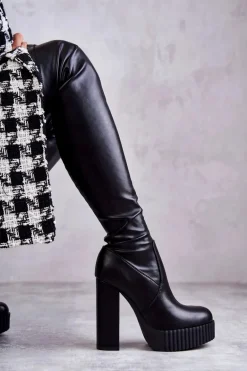 Skórzane Wysokie Kozaki Na Platformie Czarne Katrina