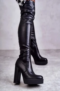 Skórzane Wysokie Kozaki Na Platformie Czarne Katrina