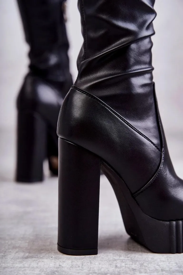 Skórzane Wysokie Kozaki Na Platformie Czarne Katrina