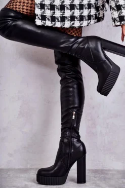 Skórzane Wysokie Kozaki Na Platformie Czarne Katrina