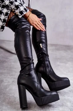 Skórzane Wysokie Kozaki Na Platformie Czarne Katrina