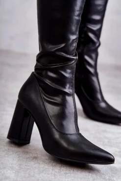 Skórzane Wysokie Kozaki Na Obcasie Czarne Casto