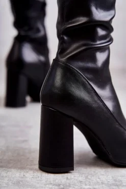 Skórzane Wysokie Kozaki Na Obcasie Czarne Casto