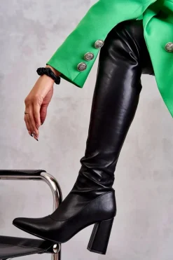 Skórzane Wysokie Kozaki Na Obcasie Czarne Casto