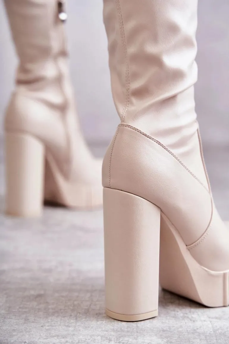 Skórzane Wysokie Kozaki Na Platformie Beżowe Katrina