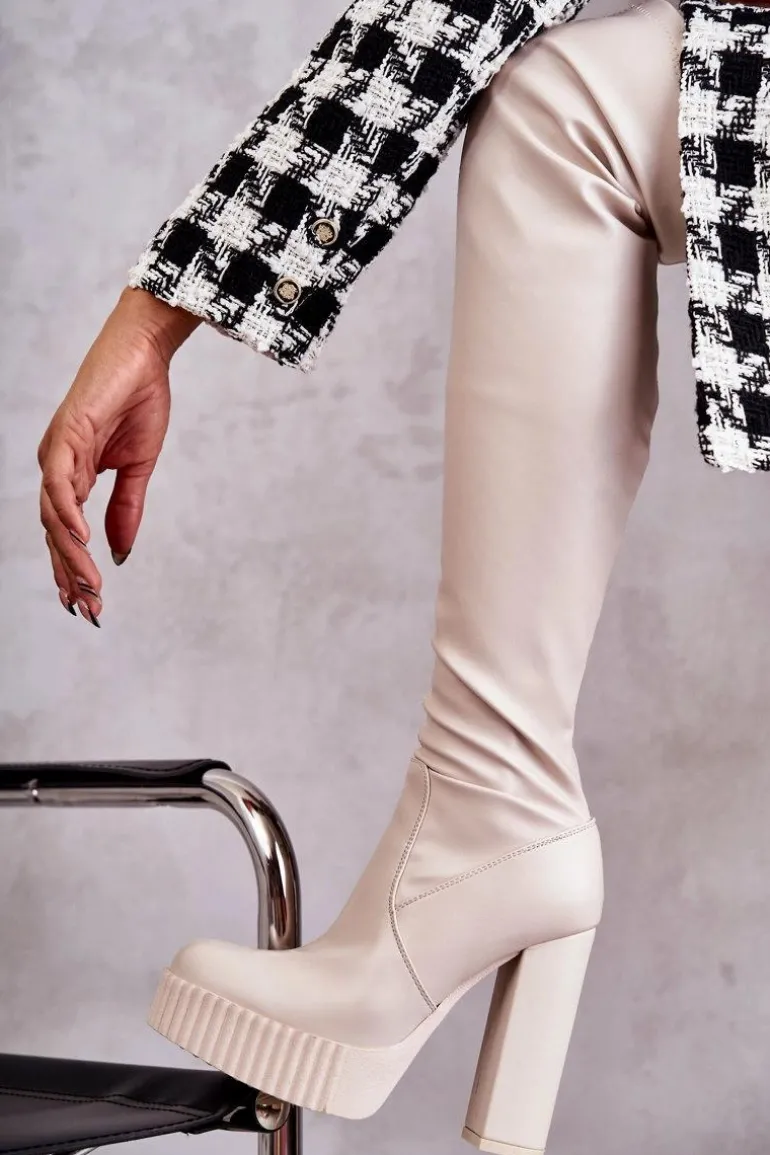 Skórzane Wysokie Kozaki Na Platformie Beżowe Katrina