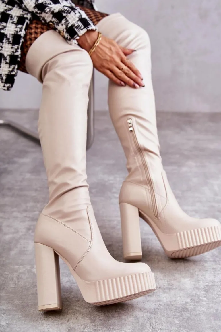 Skórzane Wysokie Kozaki Na Platformie Beżowe Katrina