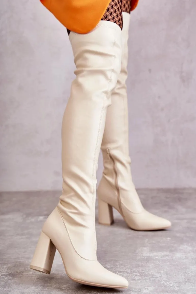 Skórzane Wysokie Kozaki Na Obcasie Beżowe Casto