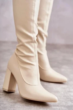 Skórzane Wysokie Kozaki Na Obcasie Beżowe Casto