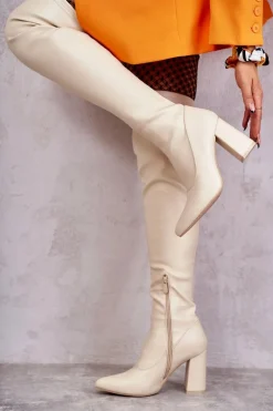 Skórzane Wysokie Kozaki Na Obcasie Beżowe Casto