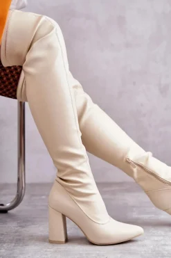 Skórzane Wysokie Kozaki Na Obcasie Beżowe Casto