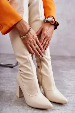 Skórzane Wysokie Kozaki Na Obcasie Beżowe Casto