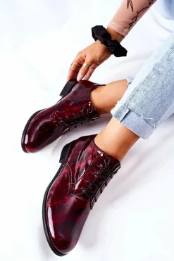 Skórzane Wysokie Półbuty Bordowo-Czarne Maniz