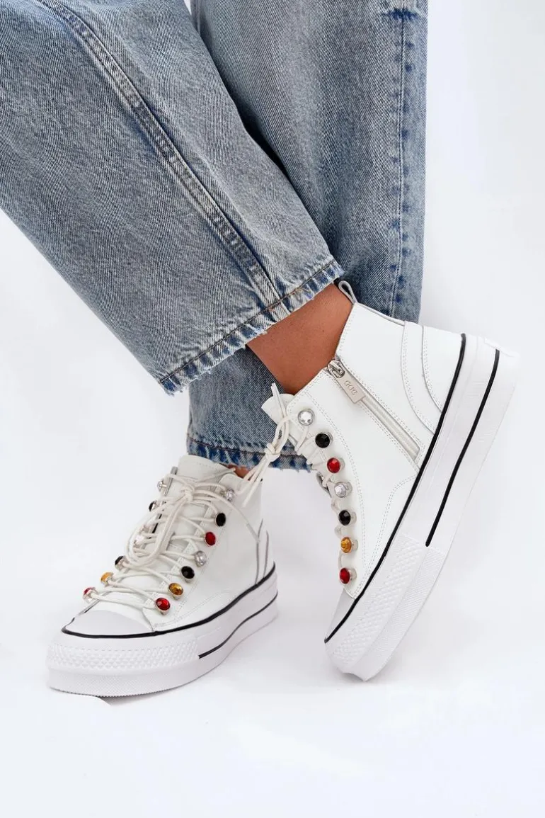 Skórzane Wysokie Trampki Damskie GOE RR2N4102 Białe